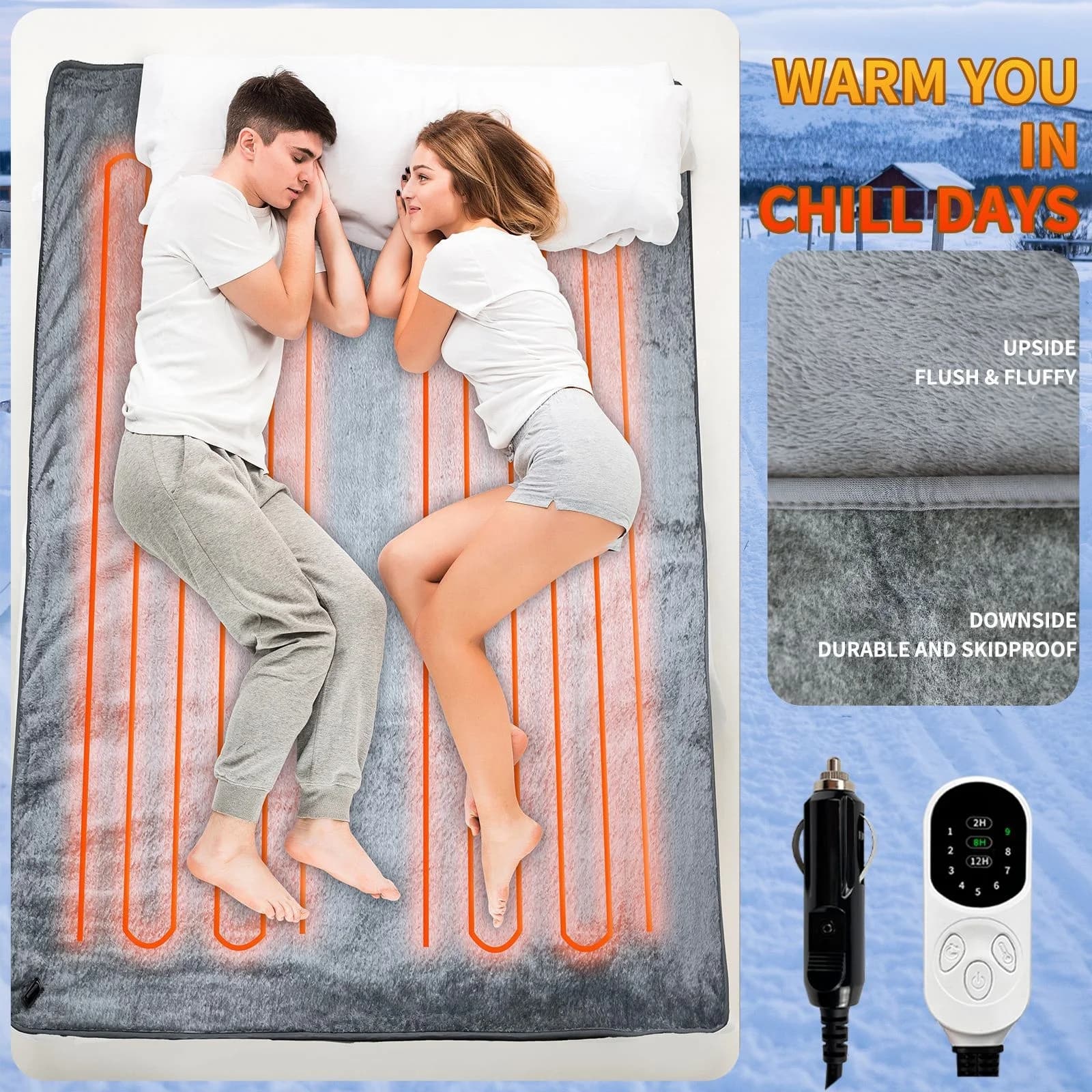 Car Cigarette Lighter DC Heated Blanket for Camping Vehicles 12V Electric Mattress Pad Office Leg Cover Motorhome Heated Blanket 7