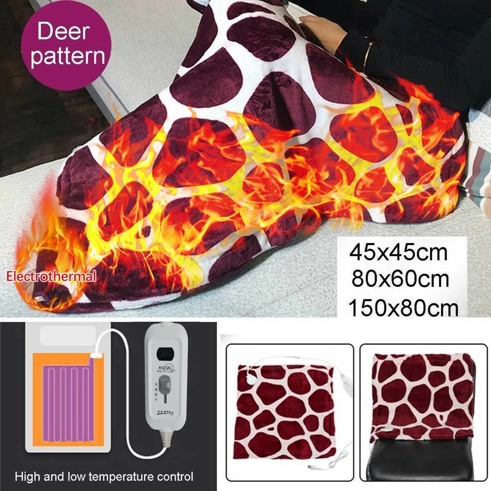 Single-person Heated Blanket Office Seat Cushion Deer-print Heated Pad Home Warming Blanket with Adjustable Temperature Settings 7