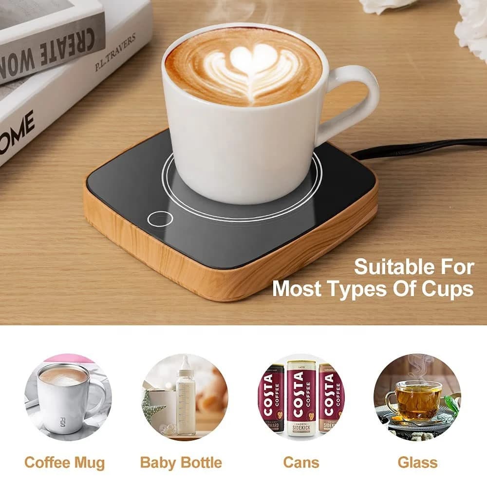 Light Wood Grain Electric Cup Heater Pad Constant Temperature Beverage Warmer with Safety Warning Design 5