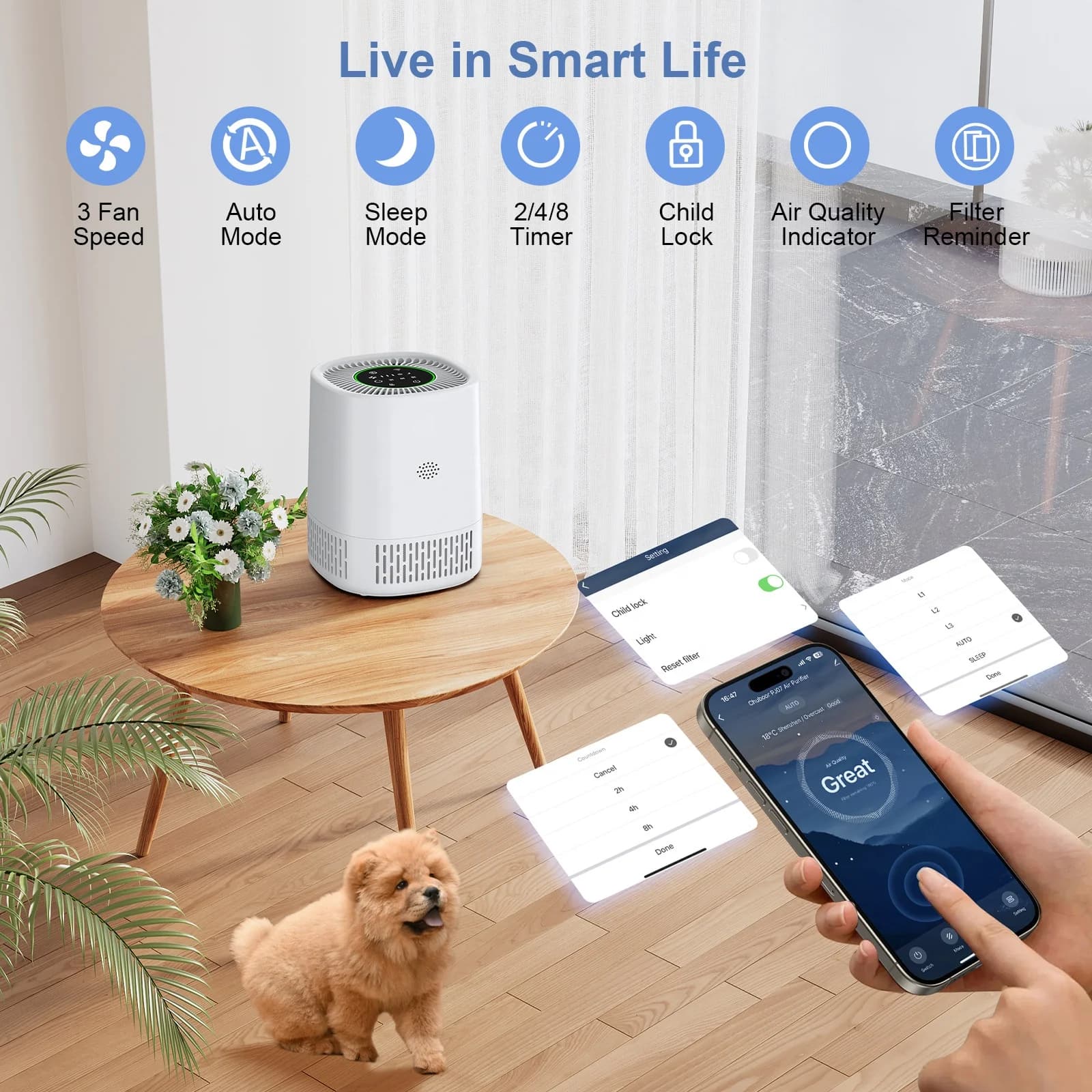 White Cylindrical Smart Air Purifier Touch Control with Timer Auto Mode Odor Eliminator for Large Room Bedroom Pet Area