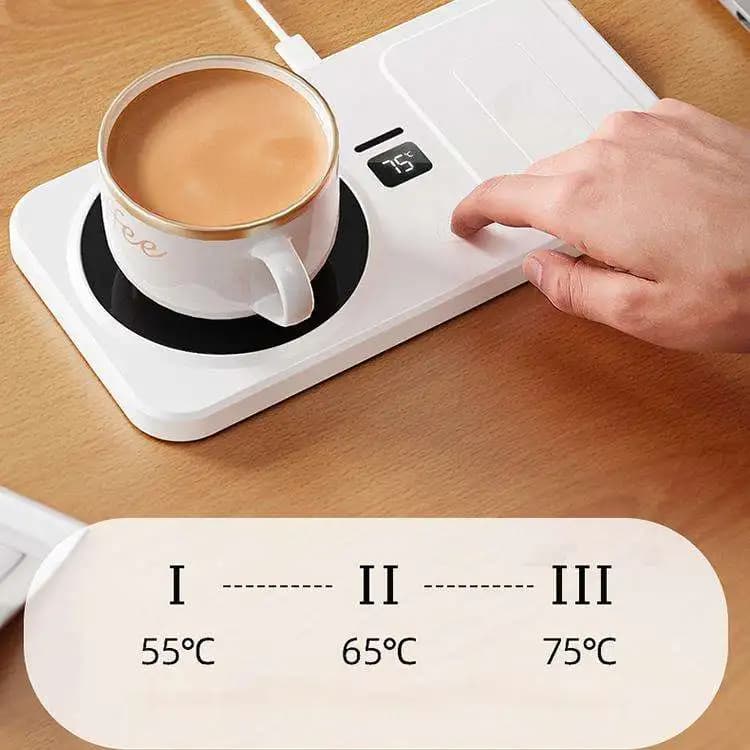 White Multi-Function Cup Heater Pad Digital Display Beverage Warmer with Wireless Charging Station for Office Home 6
