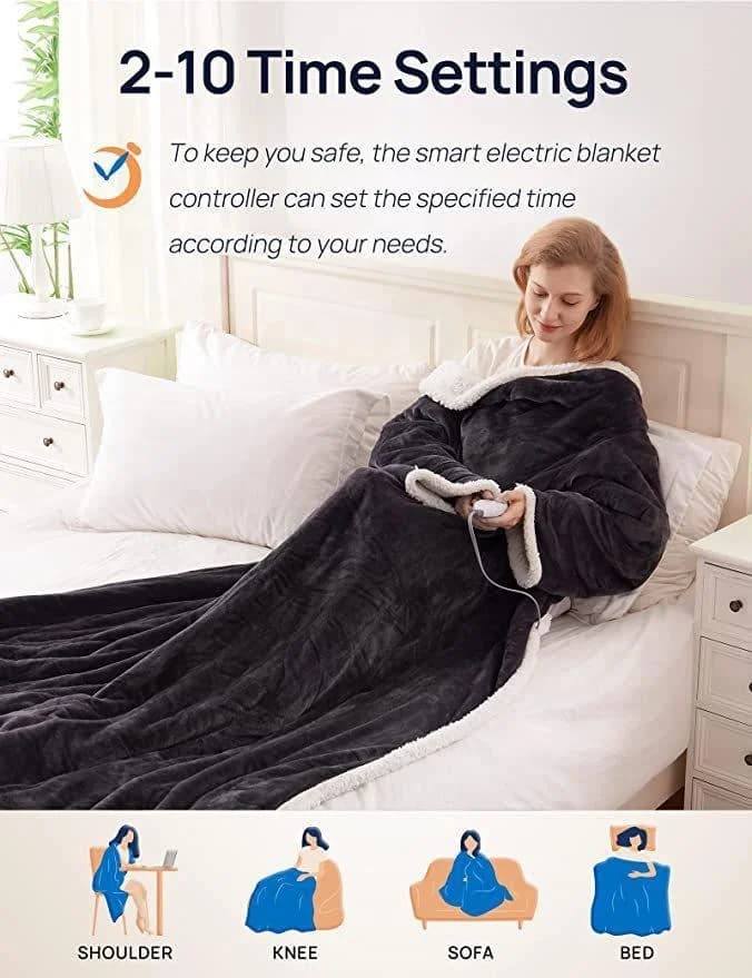 Electric Heated Blanket with Sleeves Wearable Heated Blanket Flannel Shearling Fleece Electric Blanket for Home and Office Use 7