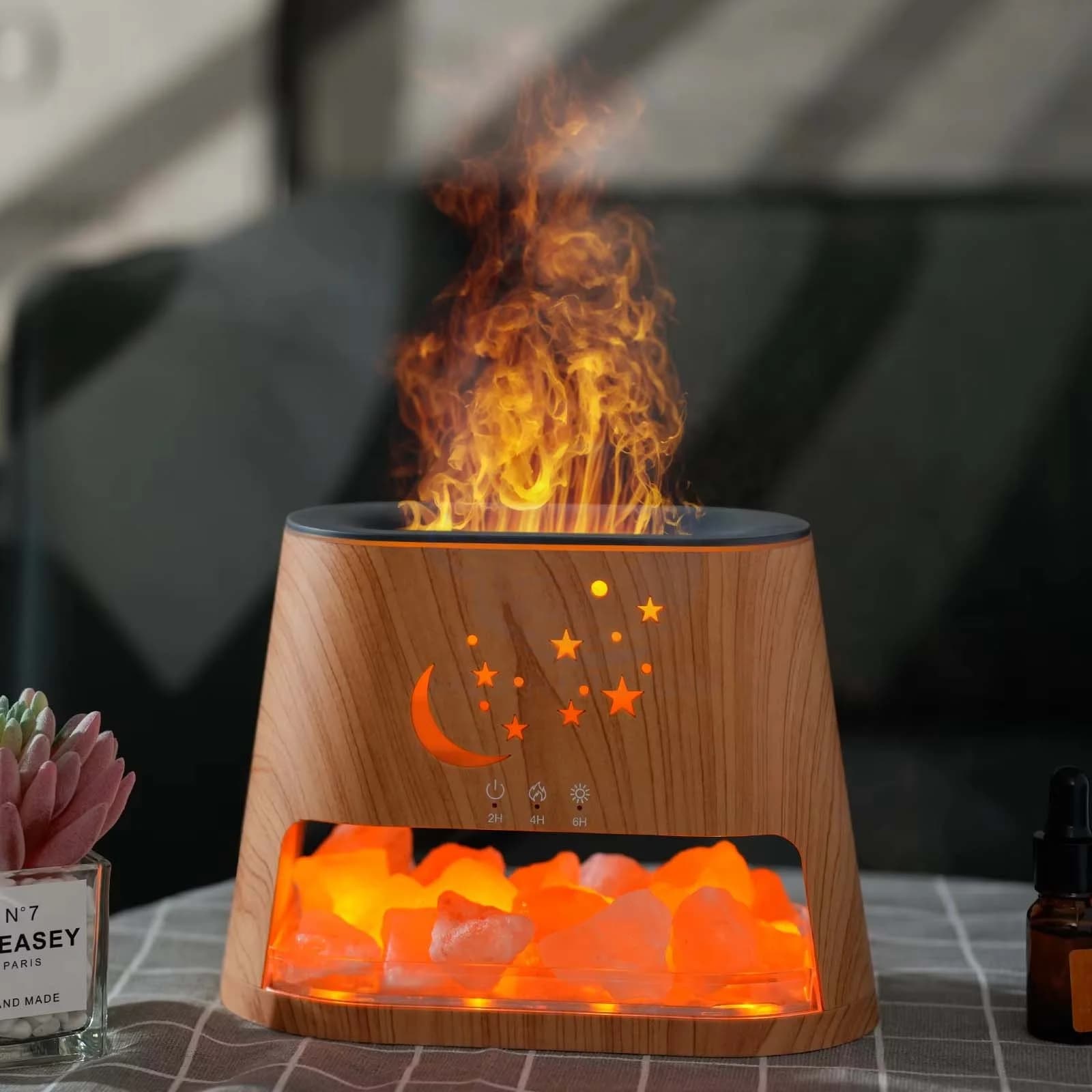Natural Crystal Rock Salt Stone Ambient Lamp Bedroom Humidifier Colourful Flame Essential Oil Diffuser