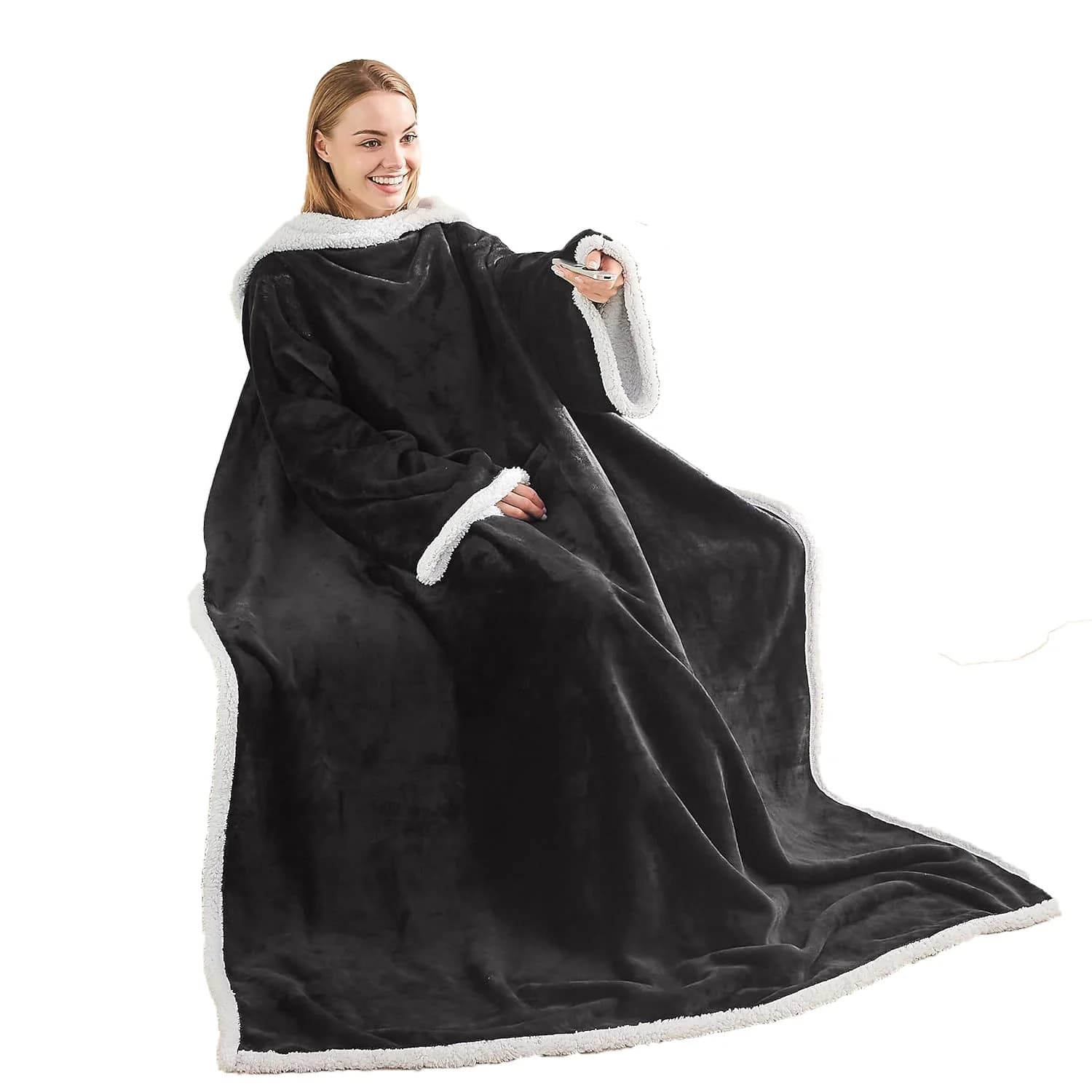 Electric Heated Blanket with Sleeves Wearable Heated Blanket Flannel Shearling Fleece Electric Blanket for Home and Office Use 2