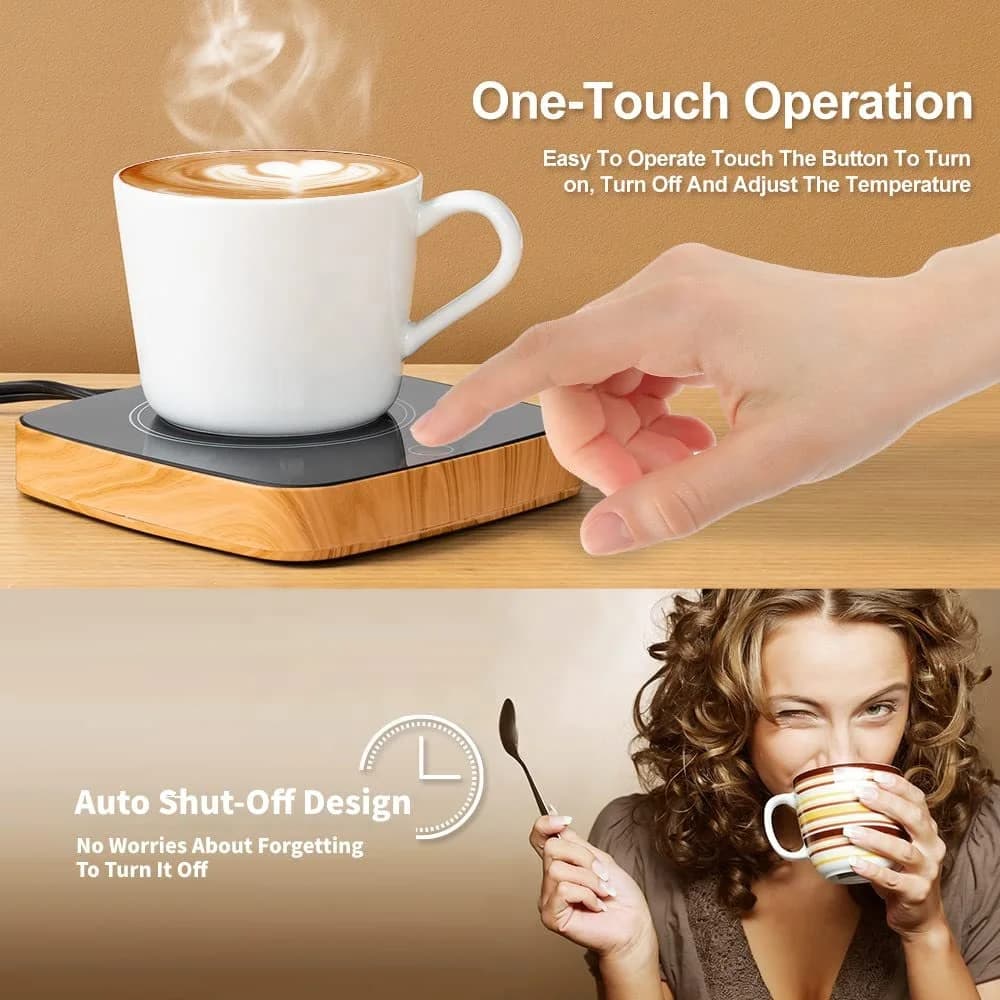 Light Wood Grain Electric Cup Heater Pad Constant Temperature Beverage Warmer with Safety Warning Design 3
